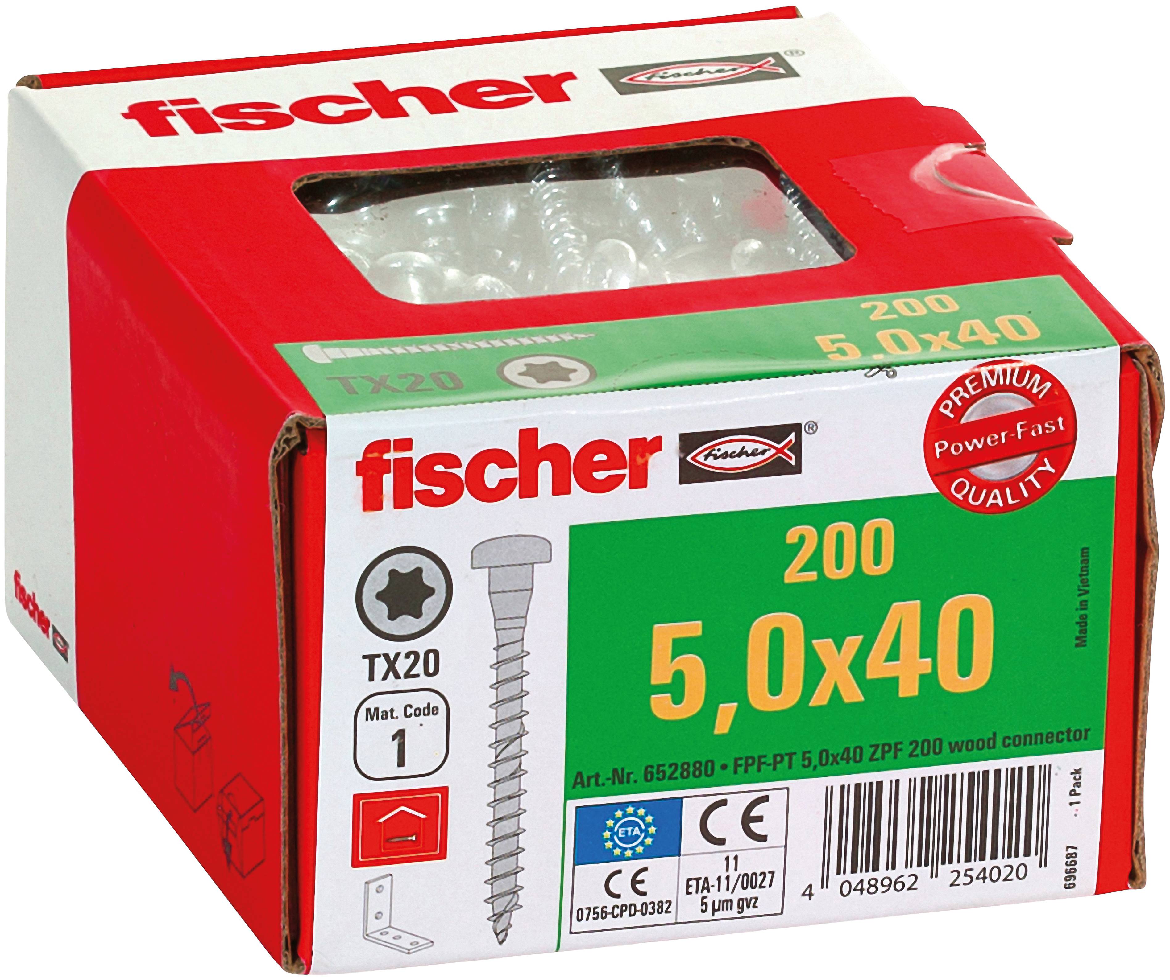 Krabička skrutiek Fischer TX20, označená "200" a "5.0x40", s okienkom ukazujúcim obsah.