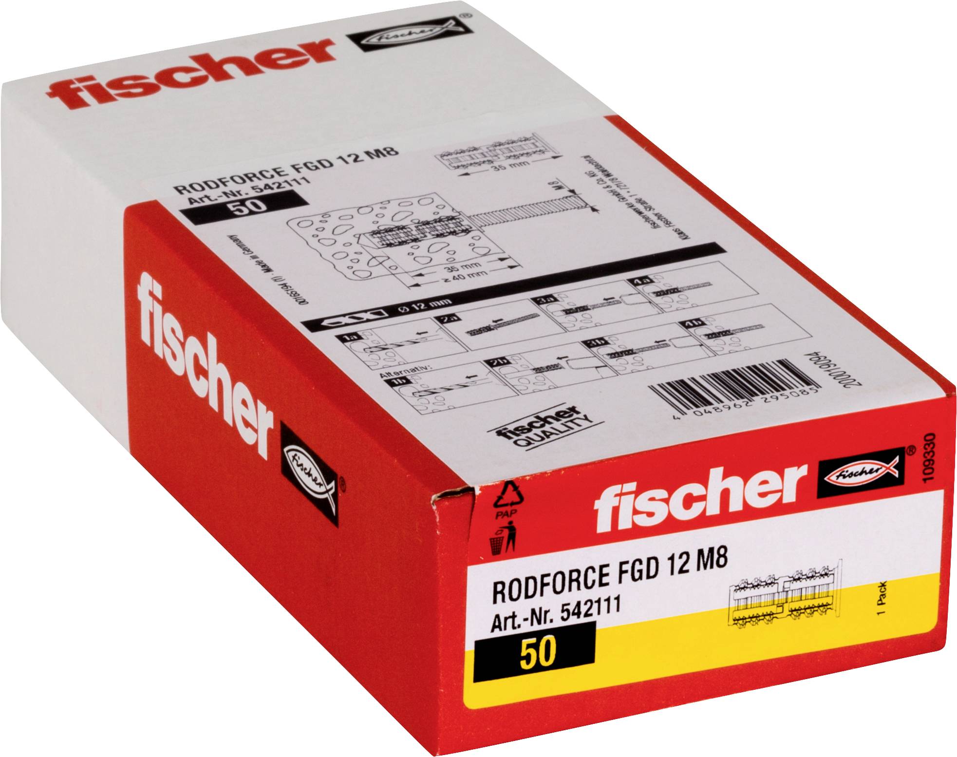 Červené a biele Fisher RODFORCE FGD 12 M8 balenie s 50 ks murivových kotiev, zobrazené v treštartonovom pohľade.