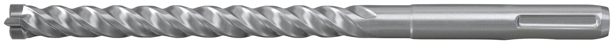 Kovový vŕtací vrták so skrúteným hriadeľom a plochým stopkou, zobrazený horizontálne na bielom pozadí.