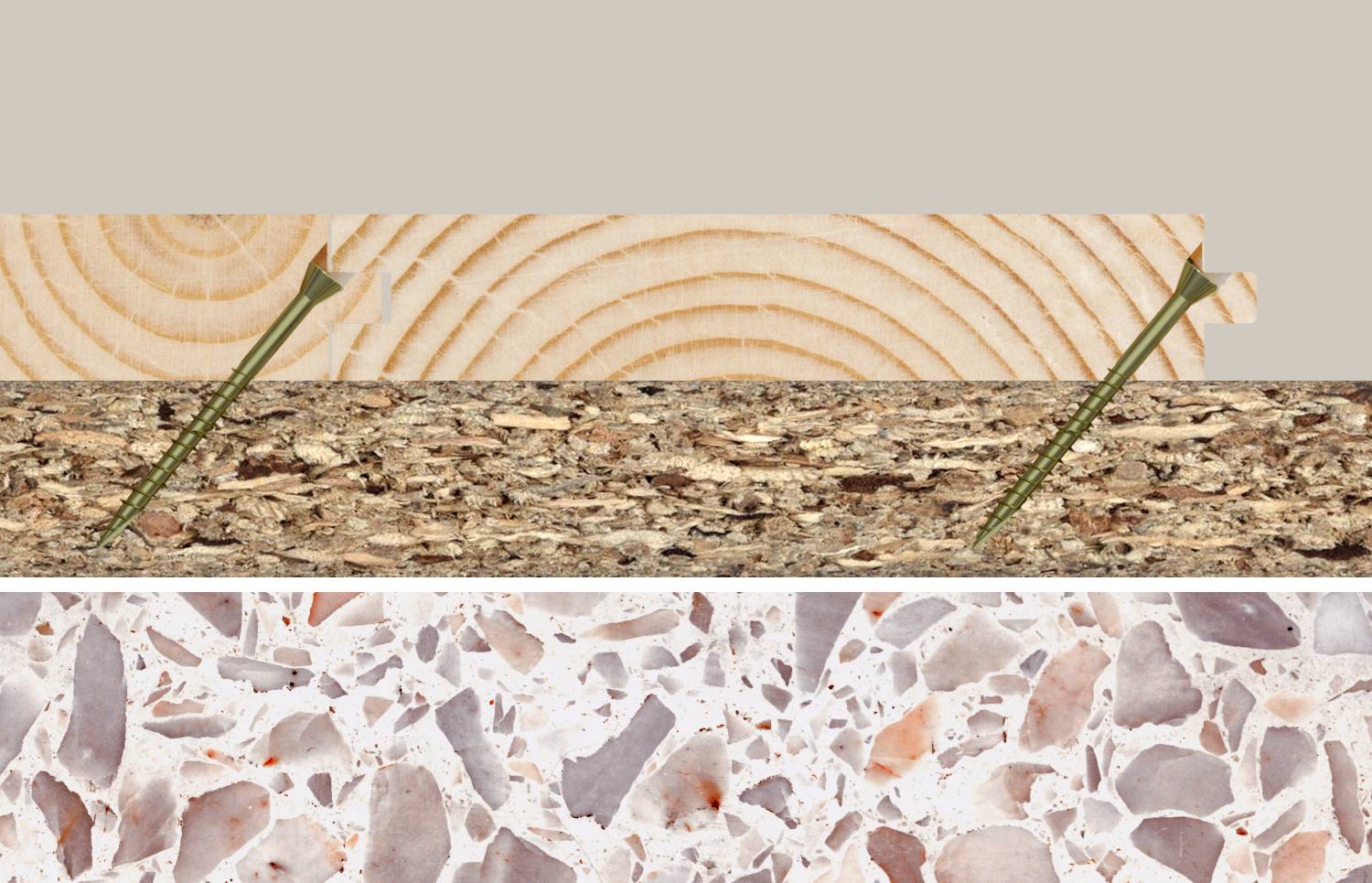 Tri horizontálne vzorky stavebných materiálov: svetlé drevo so zrnami, hrubá korkovo podobná doska so zelenými šípmi a bielo-ružový žulovaný terrazzo.
