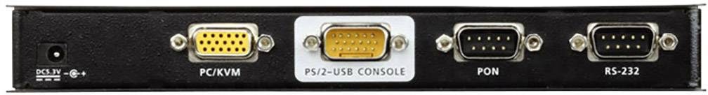 'Prípojky na čiernej strane zariadenia: PC/KVM, konzola PS/2-USB, PON, RS-232.'