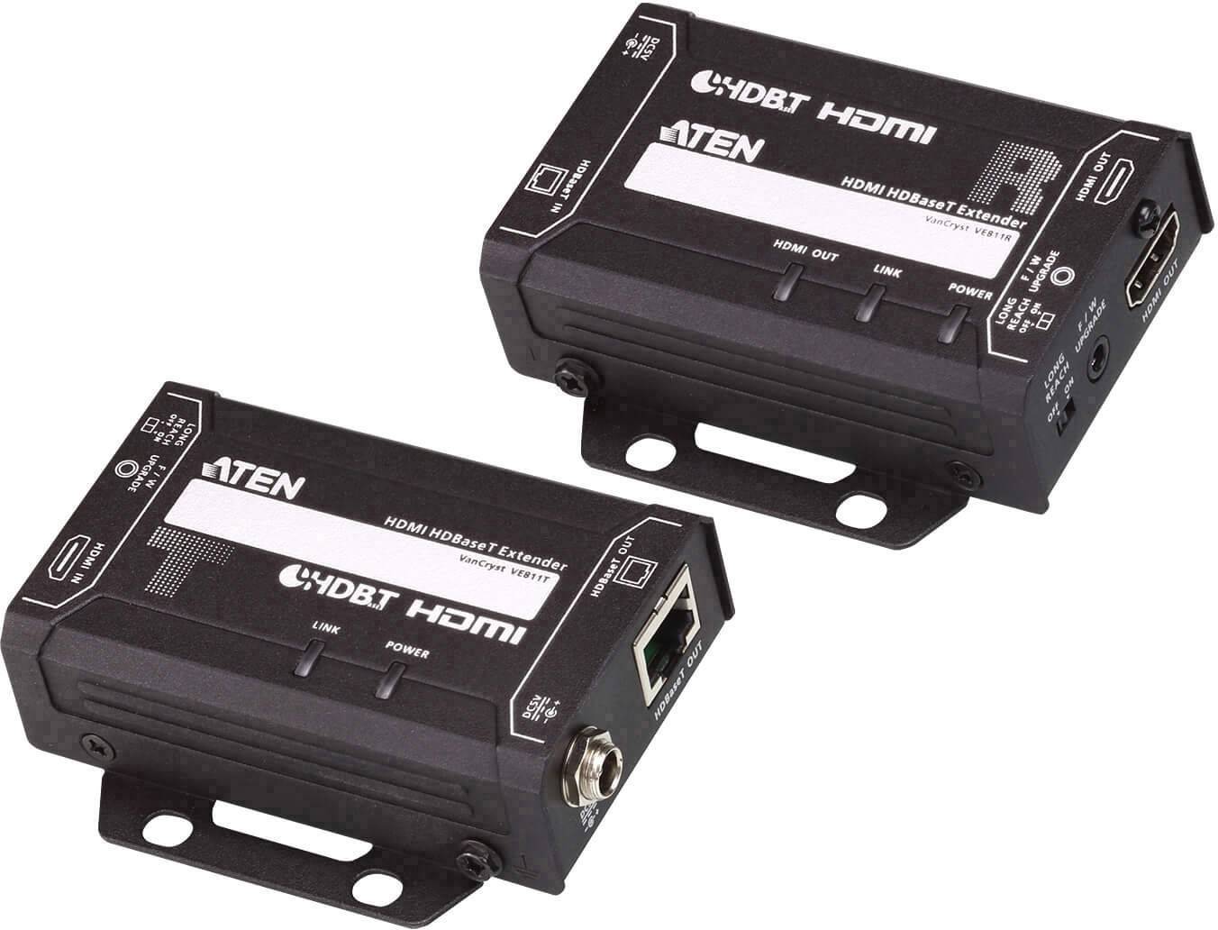 Dva čierne HDMI extendery so zásuvkami, jeden označený písmenom 'R' a druhý písmenom 'T', od značky ATEN.