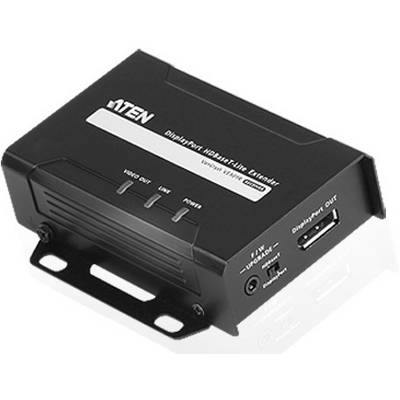 Čierny HDMI extender s popiskami 'Video Out', 'HDBASE-T IN', 'HDMI' a sieťovým portom na prednej strane.