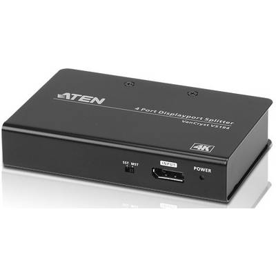 Čierny 4-portový DisplayPort rozvádzač od spoločnosti Aten, model VanCryst VS194, s portmi pre SST, MST, vstup a napájanie, podporujúci rozlíšenie 4K.