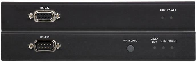 Dva čierne zariadenia s RS-232 portami, tlačidlom na prebudenie počítača a indikátormi pre video výstup, pripojenie a napájanie.