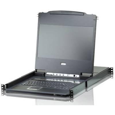 Prenosný KVM prepínač s vysunovateľným displejom a integrovanou klávesnicou, vhodný pre použitie v serverových stojanoch.