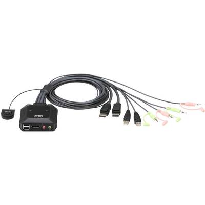 KVM prepínač s viacerými káblami a prípojkami. Obsahuje HDMI, USB a audio konektory. Slúži na prepájanie počítačov s monitorom a periférnymi zariadeniami.