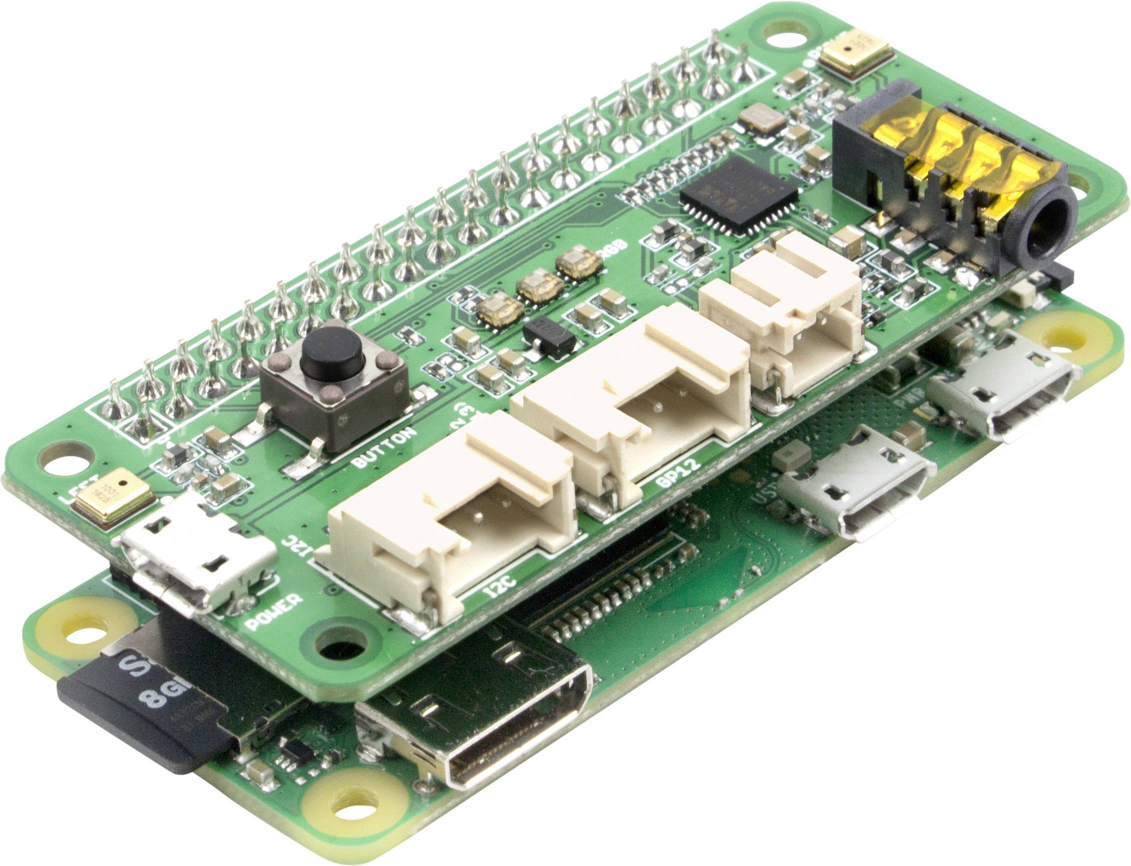 Raspberry Pi Zero s rôznymi portmi a komponentmi vrátane GPIO pinov, USB portov, HDMI výstupu a pamäťovej karty.