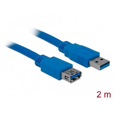 Modré predlžovacie USB 3.0 kábel, 2 metre dlhé, s USB-A zástrčkou a USB-A zásuvkou na prepojenie zariadení.
