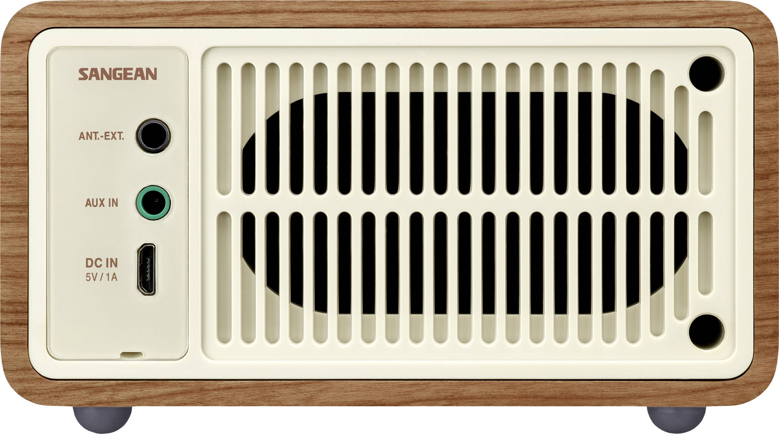 Retro rádio s dreveným rámom a smotanovou prednou stranou, na ktorej je zobrazené logo 'SANGEAN' a prípojky pre anténu, AUX a napájanie.