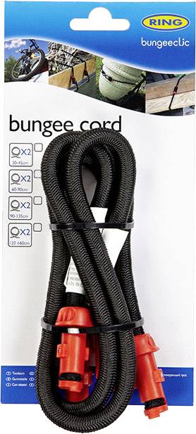 Čierne bungee lano s červenými háčikmi, zabalené ako 'bungee cord' od značky RING; vhodné pre dĺžky 80-120 cm, 50-80 cm a 20-150 cm.