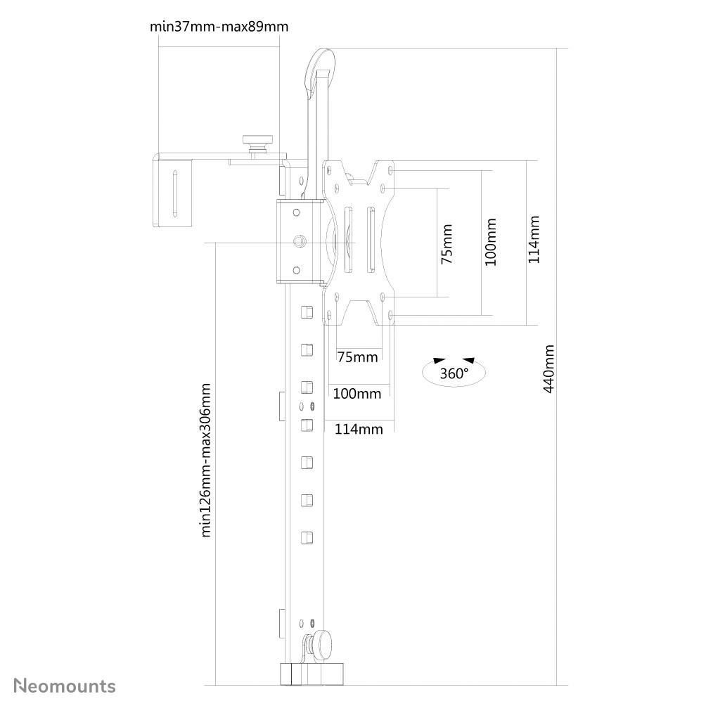 Náčrt monitora s rozmermi: výška nastaviteľná od 126 do 306 mm, hĺbka 37 až 89 mm, otočný 360°, montážna doska 75x75 až 114x114 mm.