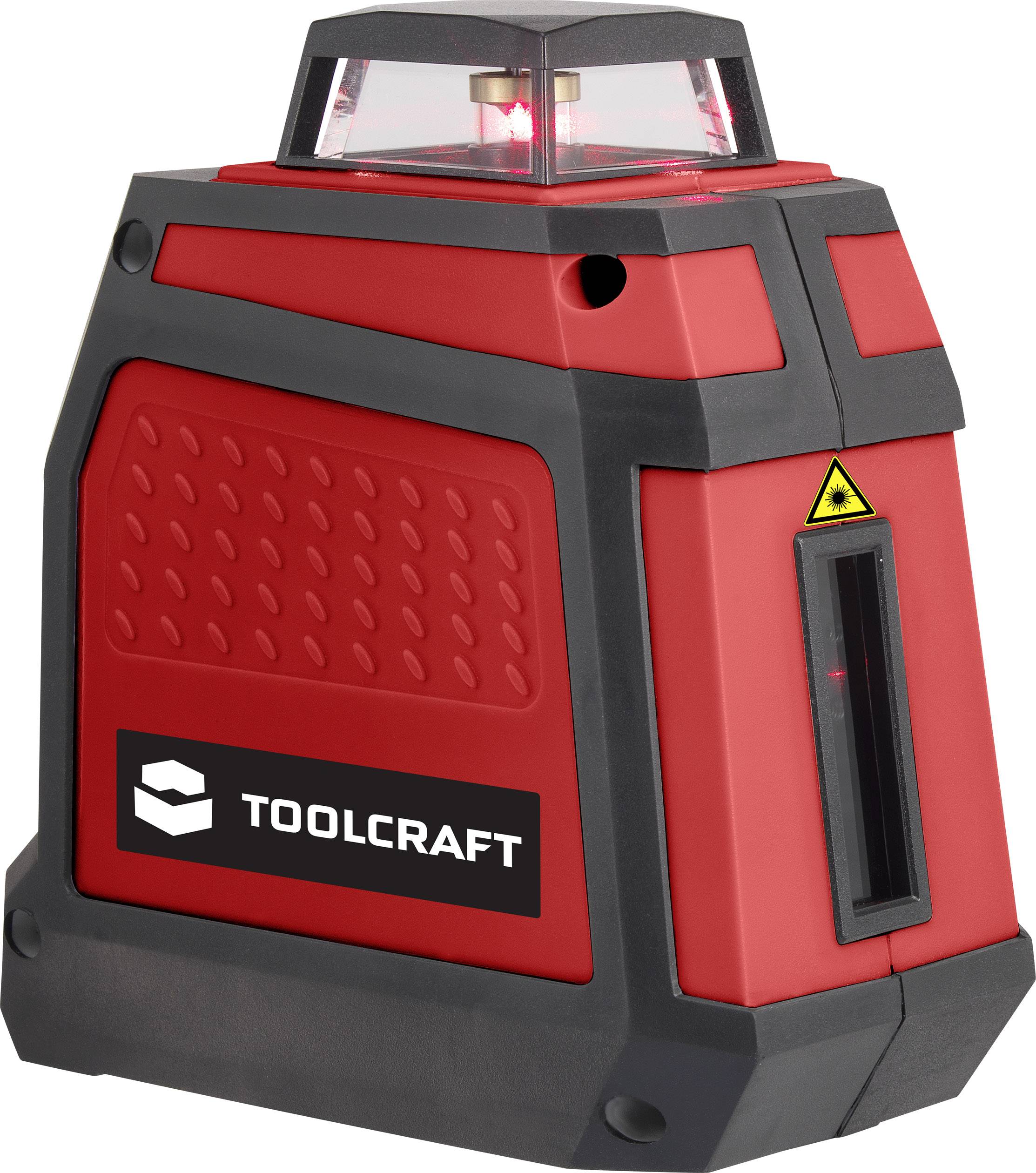 Červený krížový líniový laser od TOOLCRAFT na projektovanie presných horizontálnych a vertikálnych línií, vhodný pre stavebné a renovačné práce.