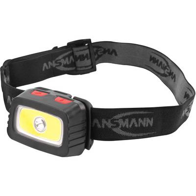 Čierna čelová lampa s nastaviteľným páskom a dvoma červenými tlačidlami, vhodná na bezkontaktné práce v tmavých priestoroch.