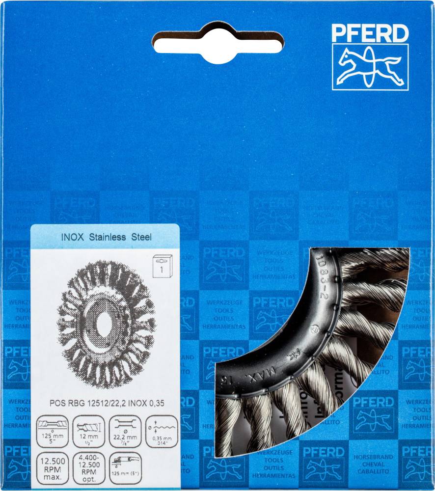 Obal na nehrdzavejúcu oceľovú kefu INOX. Zobrazuje obrázok produktu a technické parametre, napríklad veľkosť a otáčky.