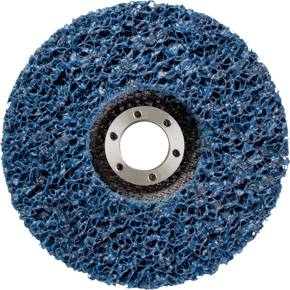 Okrúhly modrý brúsny nástavec s hrubou štruktúrou a strieborným stredom. Vhodný na odstraňovanie hrdze alebo farby z povrchov.