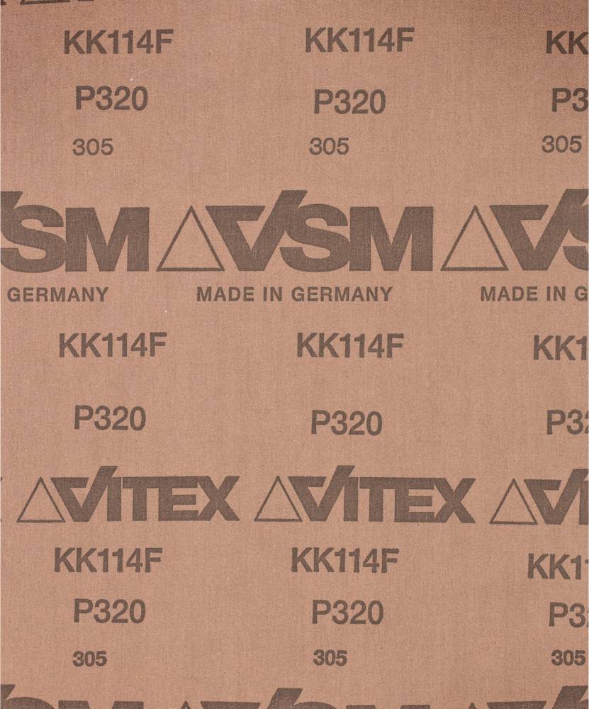 Brúsny papier s tlačou 'VSM Made in Germany' a 'KK114F P320'. Značka 'VITEX'.