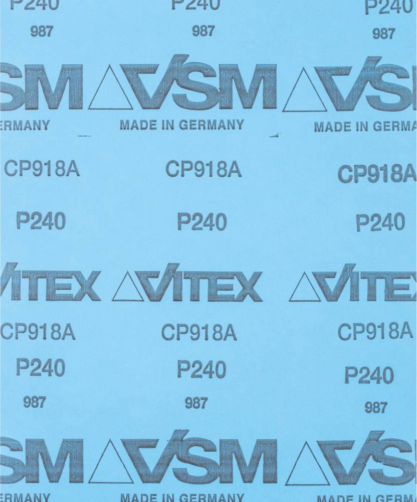 Modré brúsne papiere s potlačou: 'Vyrobené v Nemecku', 'VSM', 'Vitex', 'CP918A', 'P240', '987'.