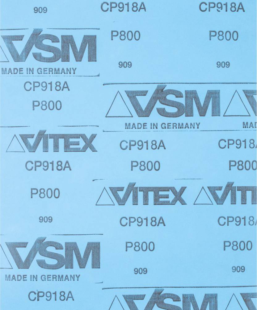 Modré brúsne plátno s potlačou 'VSM VYROBENÉ V NEMECKU', 'VITEX', 'CP918A', 'P800' a '909'.