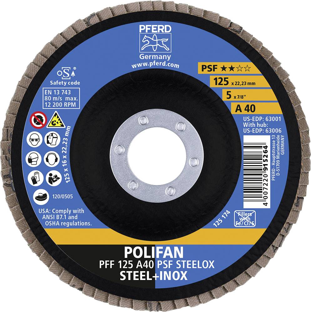 Guľatý brúsny kotúč s textovým označením 'POLIFAN PFF 125 A40 PSF STEELOX STEEL+INOX', vhodný na spracovanie ocele.