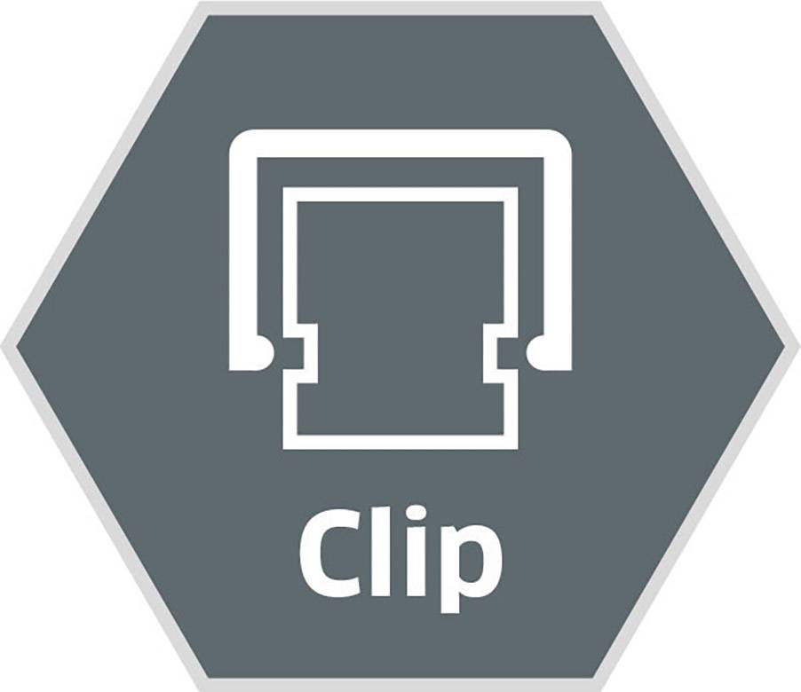 Šesťuholníkový symbol so štylizovanou sponou uprostred. Pod ním je napísané slovo 'Clip'.