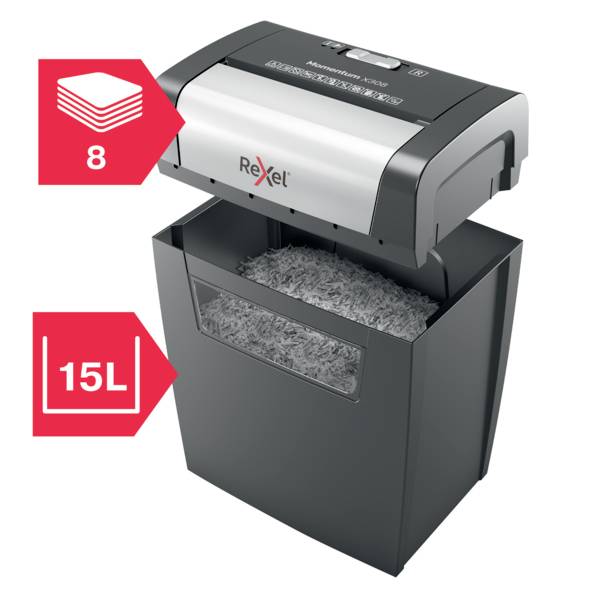 Rexel Momentum X308 skartovačka časticový rez 5 x 42 mm 15 l Počet listov (max.): 8 listov Krížový rez sponky do zošívač-3