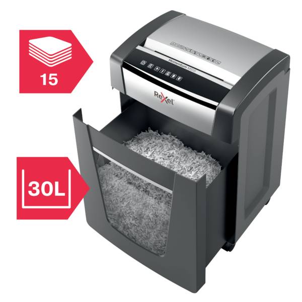 Rexel Momentum M515 skartovačka mikrorez 2 x 15 mm 30 l Počet listov (max.): 15 listov Krížový rez sponky do zošívačky, -4
