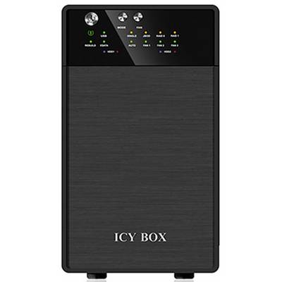 Externý disk v čiernom kryte značky 'ICY BOX' s logom na prednej strane, niekoľkými LED indikátormi statusu a konektorov na hornej strane.