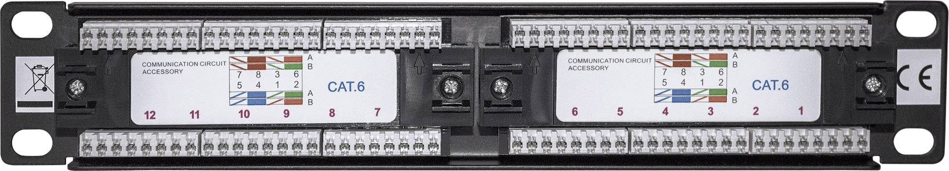 Patch panel s 12 RJ45 portami, označený ako 'CAT.6'. Farebne kódované prípojné lišty pre jednoduché vedenie káblov.