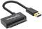 USB-SATA adaptérový kábel, čierny, s názvom značky 'Manhattan' na adaptéri, určený na pripojenie SATA diskov prostredníctvom USB portov.