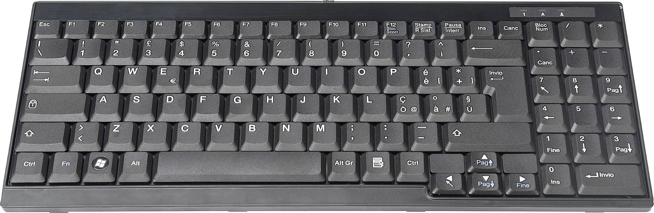 Čierna počítačová klávesnica s QWERTZ rozložením a funkčnými klávesmi hore.