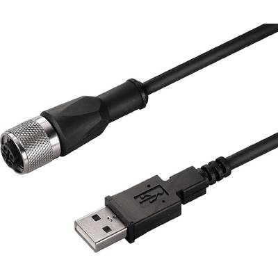 Čierny kábel s USB zástrčkou a okrúhlou kovovú zástrčkou na druhej strane.