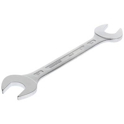 Strieborný vidlicový kľúč s otvorenými koncami veľkostí 24 mm a 27 mm leží diagonálne na bielom pozadí.