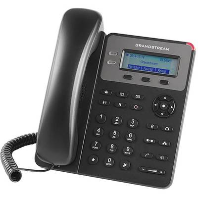 Čierne pevné telefónne zariadenie s digitálnym displejom, numerickou klávesnicou a ovládaním hovorov. Ideálne pre kanceláriu alebo domáce použitie.
