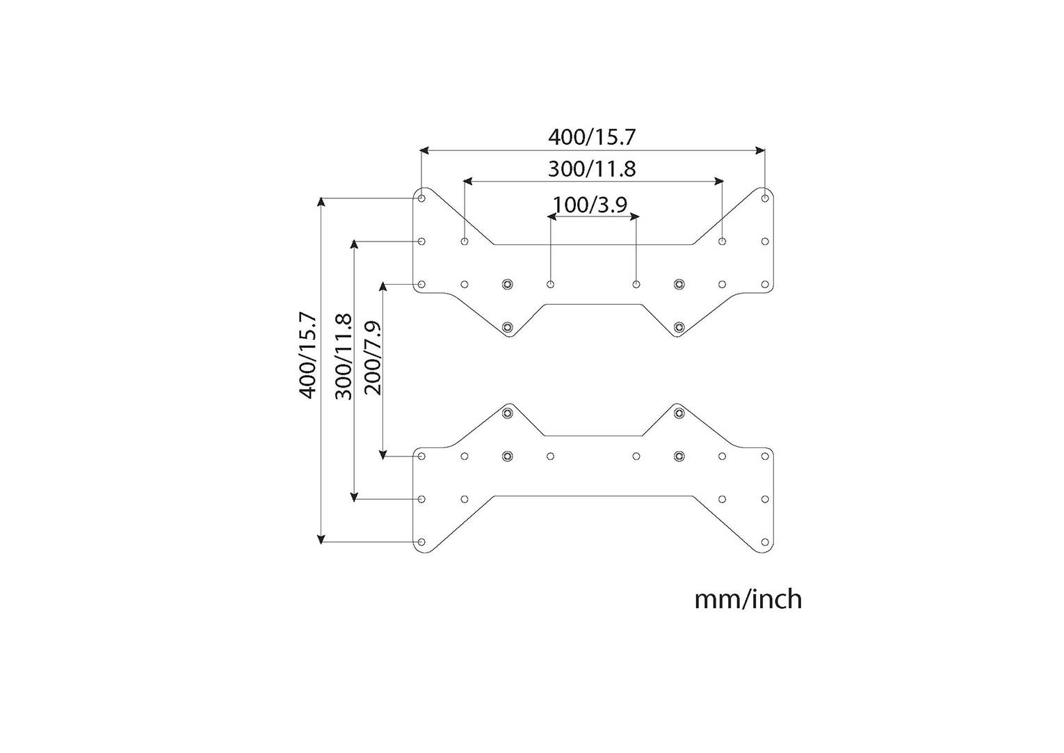 Dve symetrické kovové dosky s otvormi, rozmery v mm/palcoch: 400/15,7, 300/11,8, 200/7,9 a 100/3,9.