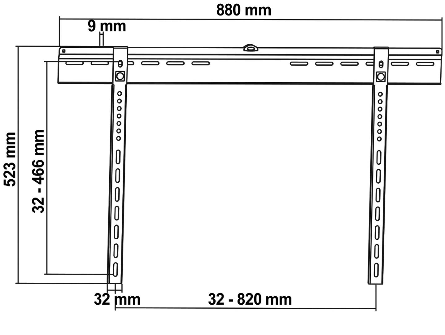 Montážny výkres TV držiaka s rozmermi: šírka 880 mm, výška 523 mm, nastaviteľná výška 32-466 mm, šírka 32-820 mm.