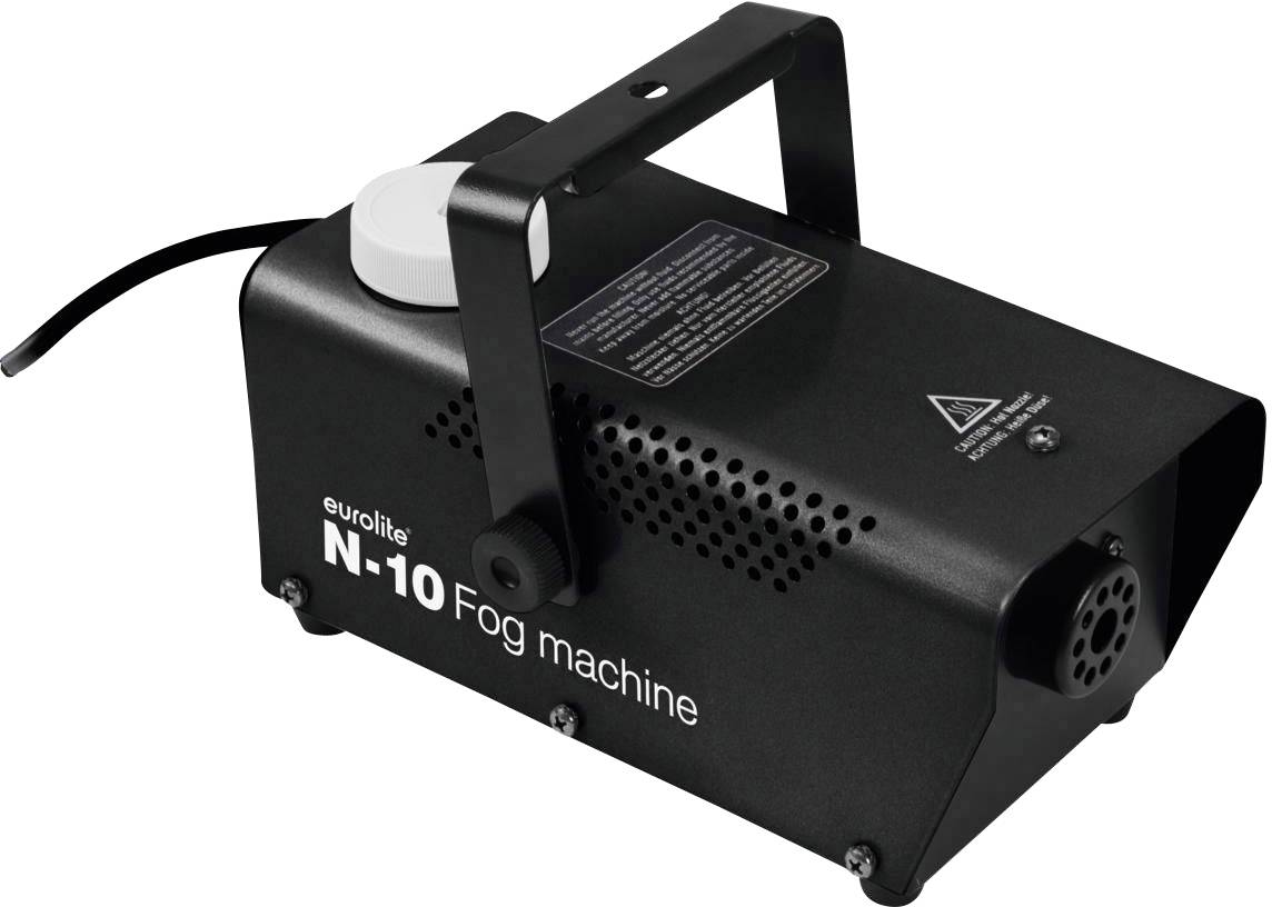 Čierna hmlovacia mašina s nápisom 'eurolite N-10 Fog machine'. Má rukoväť a okrúhly otvor vpredu.