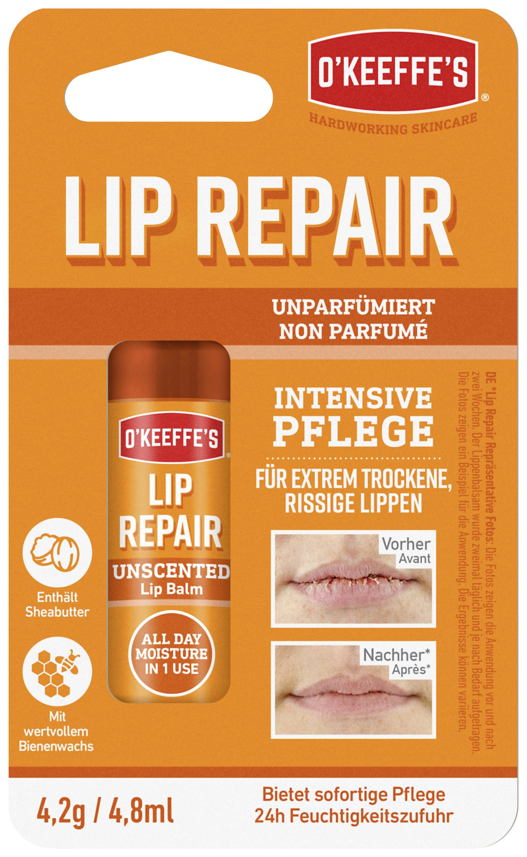 'O'Keeffe's Lip Repair', bez parfumu, intenzívna starostlivosť pre suché, popraskané pery, obsahuje bambucké maslo pre okamžitú úľavu.