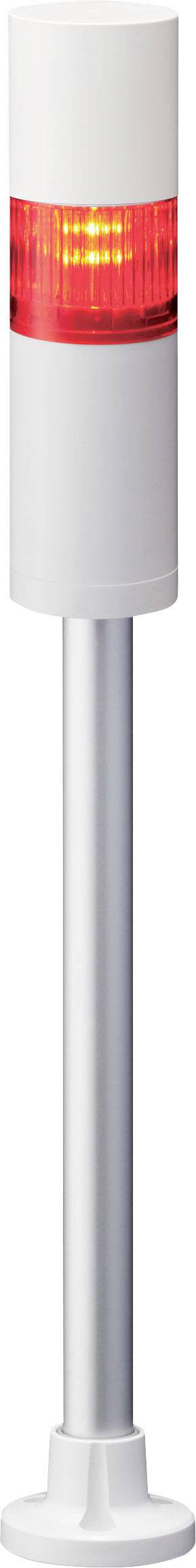 Červená signálna lampa s bielym podstavcom a tyčou, ktorá zobrazuje výstražné upozornenie alebo stav.