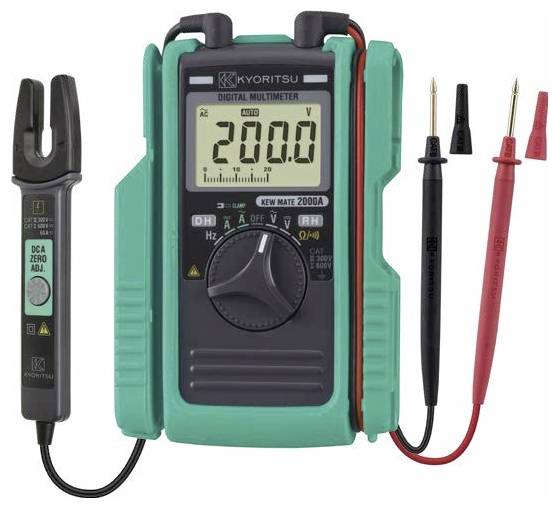 Digitálny multimeter so zeleným ochranným puzdrom, sondami a svorkou senzora; displej ukazuje 200.0 a otáčací gombík je umiestnený v strede predného panela.