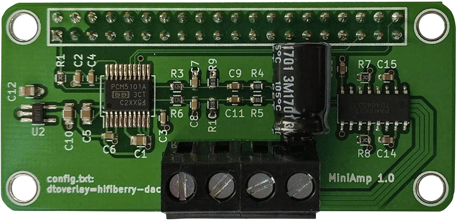 Nápis 'MiniAmp 1.0' na zelenej doske plošných spojov s niekoľkými elektronickými súčiastkami a konektormi.