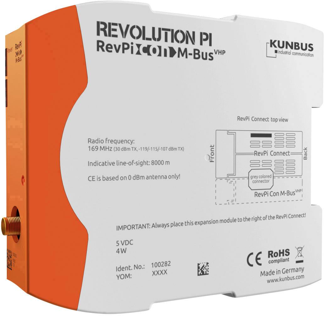 Priemyselný komunikačný modul v oranžovej a bielej farbe, RevPi Connect M-Bus VHP, na rozšírenie systému Revolution PI. Vyrobené v Nemecku.