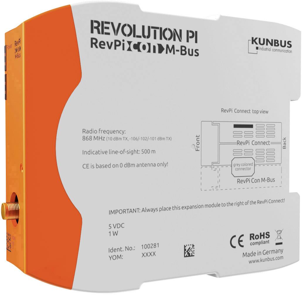 'Predný pohľad na Revolution Pi RevPi Con M-Bus modul. Zobrazuje technické špecifikácie, konektory a frekvenciu. Vyrobené v Nemecku.'