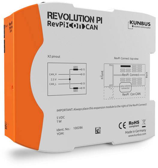 Elektronické zariadenie s nápisom 'Revolution Pi RevPi Con CAN' od spoločnosti KUNBUS. Zobrazuje technické schémy a detaily.