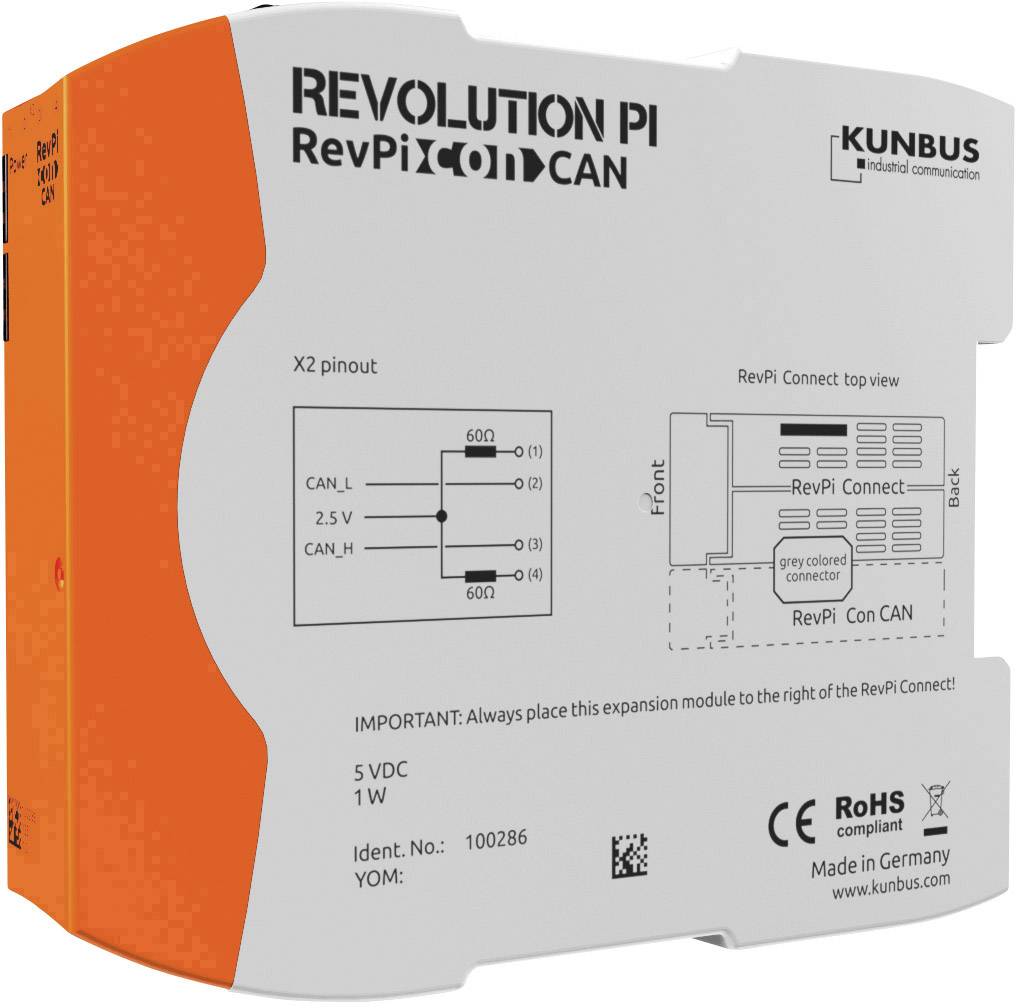 'Rozšírený modul pre Revolution Pi CAN, RevPi Con CAN, od spoločnosti Kunbus, s pinovou konfiguráciou X2 a pripojovacou schémou RevPi Connect, kompatibilný s RoHS.'