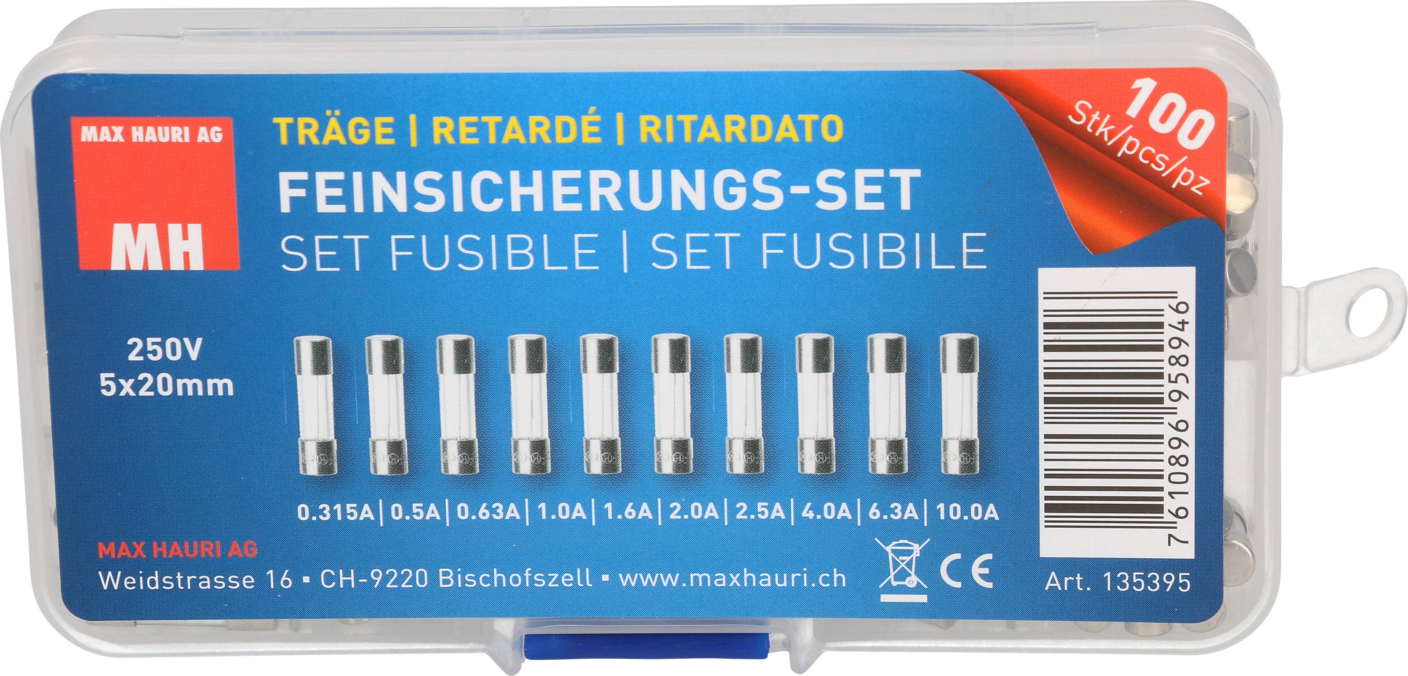 Jemná poistková sada s 10 poistkami, 250V, 5x20mm, s rôznymi hodnotami ampérov. Balenie s červeným, modrým a bielym dizajnom.