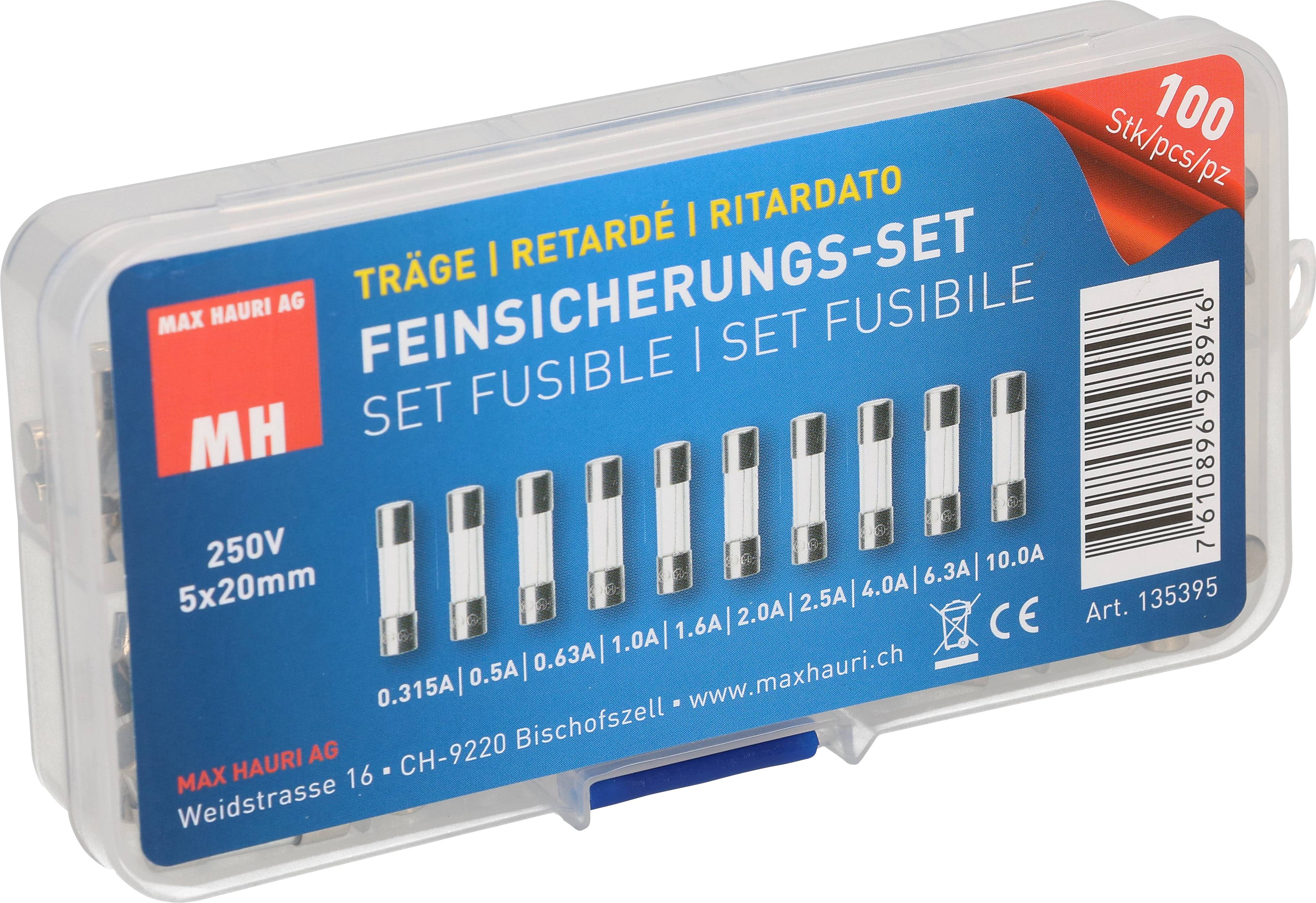 Jemné poistky - sada s 10 poistkami (250V, 5x20mm) rôznych hodnôt od 0,1A do 10A, zabalené v priehľadnej krabičke.
