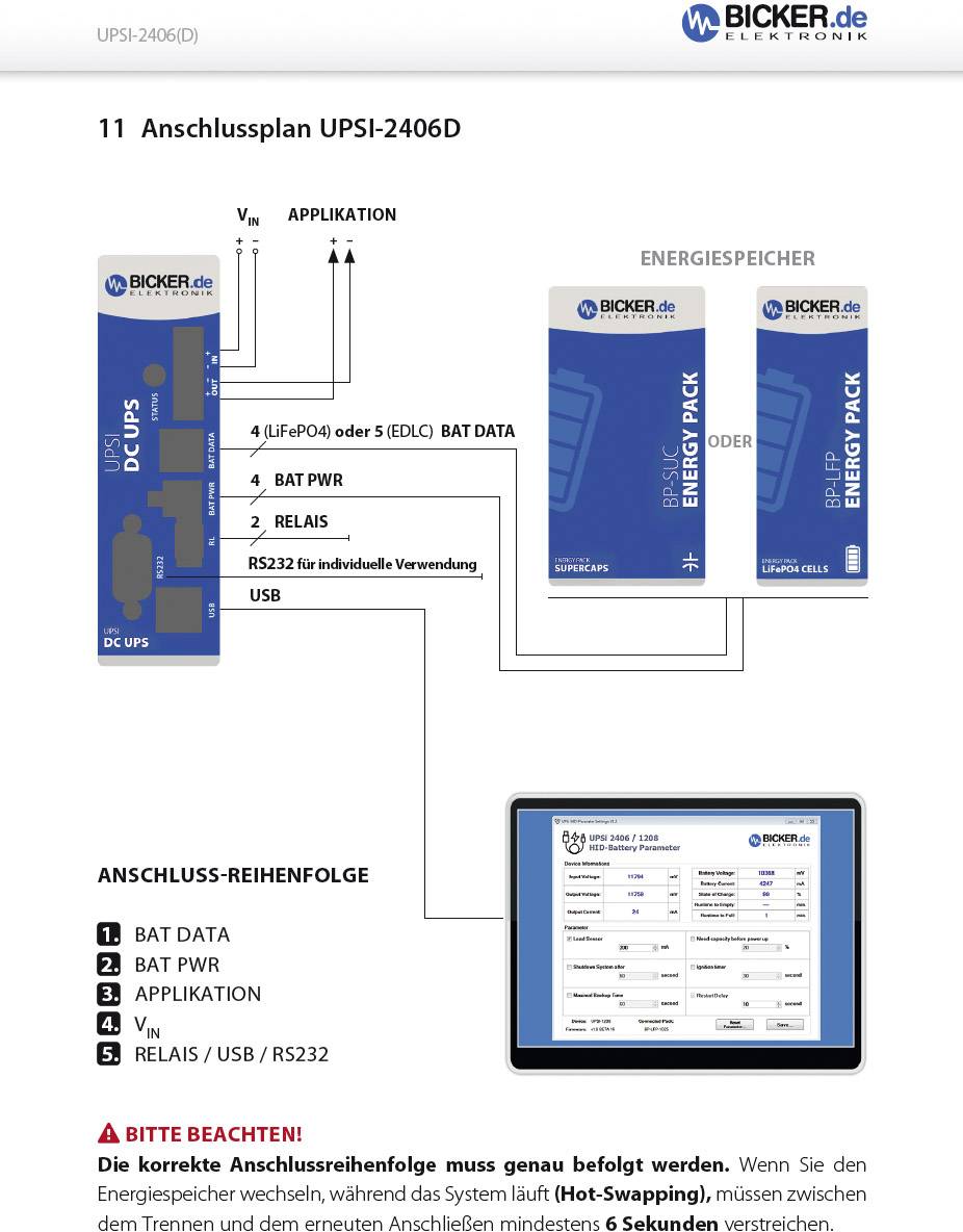 'Plán pripojenia UPSI-2406D: Zobrazuje pripojenie zariadenia UPS a energetického úložiska. Dôležité body: BAT DATA, BAT PWR, RELÉ, USB/RS232.'