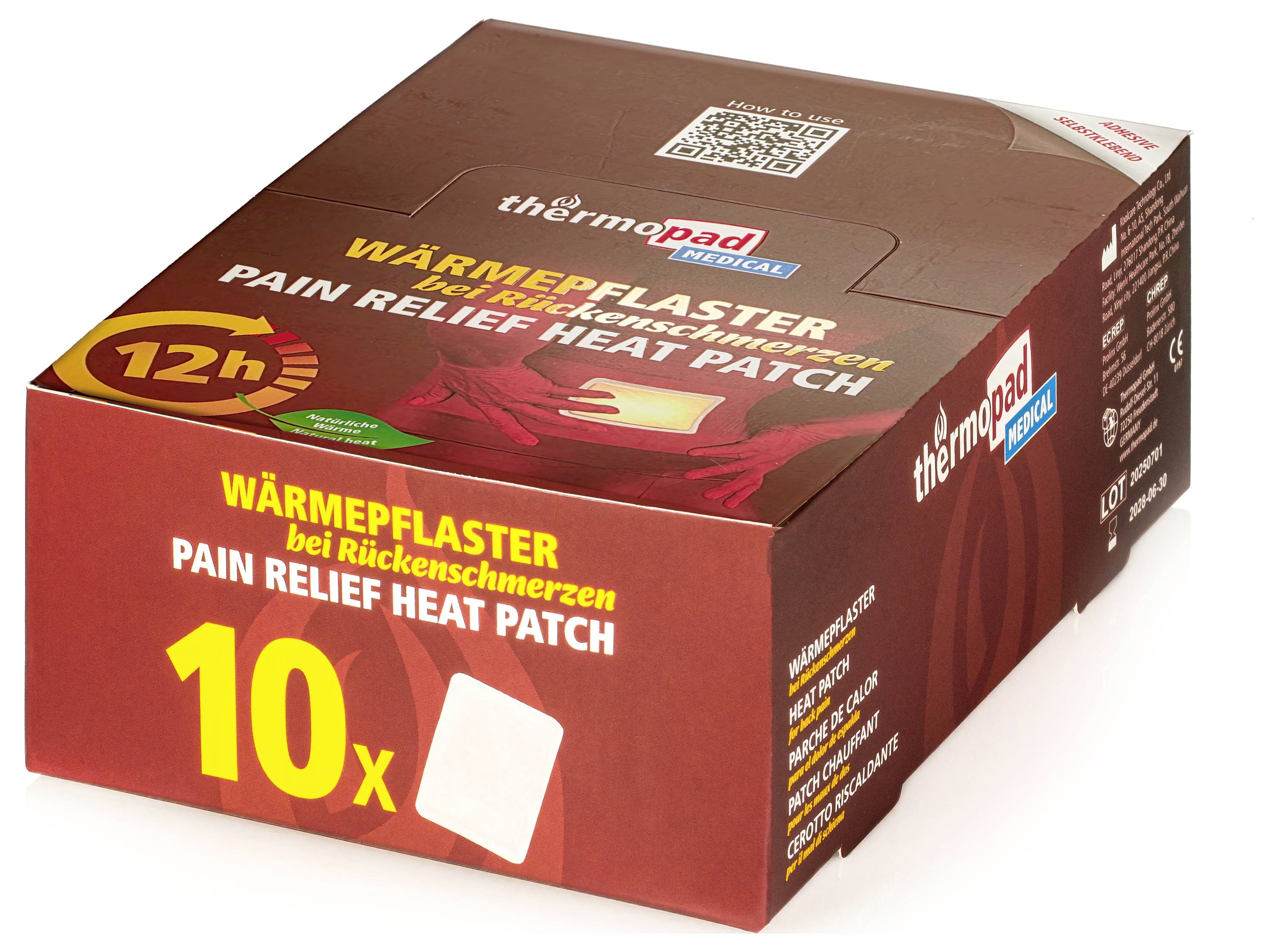 Krabica tepelných záplastí ThermaCare, označená „Wärmepflaster" a „Pain Relief Heat Patch", s 10 záplasťami s 12-hodinovou úľavou.
