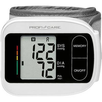 Elektronický tlakomer na zápästí s displejom: systolický tlak 122, diastolický tlak 72, pulz 60.